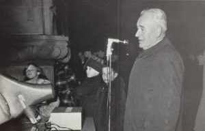 Arthur Tufts, businessman, Easton civic leader, and OA Tiger sports fan, addresses the pep rally crowd